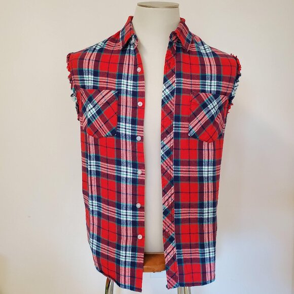 Sleeveless Plaid Red Blue Green Button Down Shirt - Picture 5 of 8